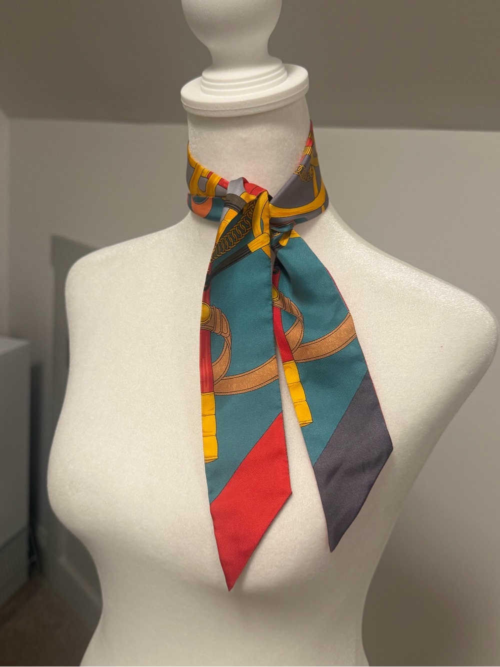 Hermes Grand Apparat Twilly Silk Scarf Teal Red Grey Equestrian
